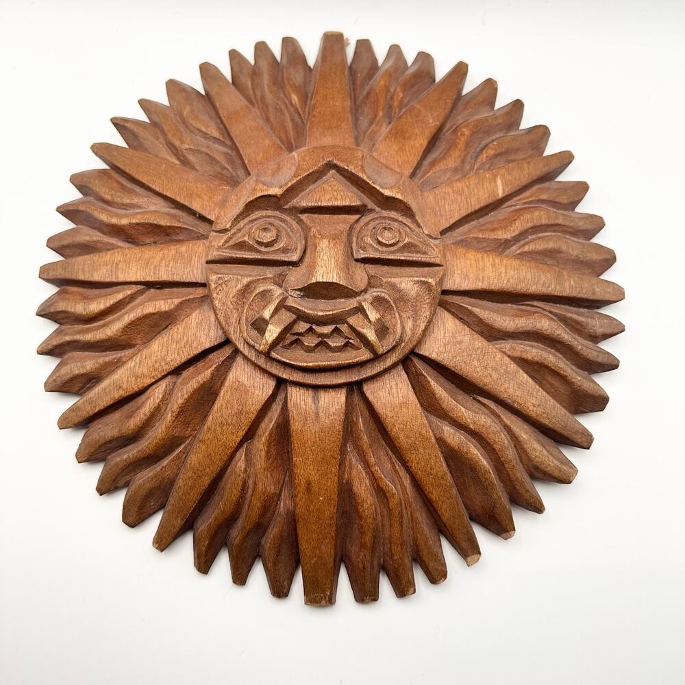 Vintage Hand Carved Wooden Incan Aztec Sun God Wall Art Display Hanging